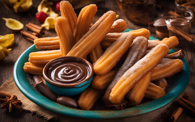 Mexican churros, cinnamon sugar, thick chocolate dip, colorful ceramic dish, festive background