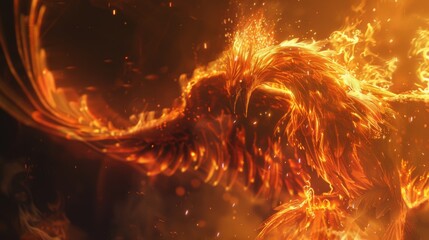 Amidst the embers of its past, a phoenix emerges anew, its feathers a tapestry of flames, a testament to the endless cycle of rebirth no dust - obrazy, fototapety, plakaty