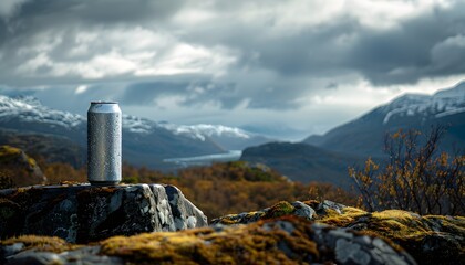 Beverage can on rock ledge with mountain landscape and cloudscape - obrazy, fototapety, plakaty
