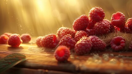 A pile of raspberries on a wooden table with sunlight shining through, AI