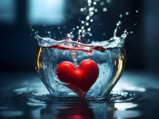 Red heart falling deeply under water with a big splash.