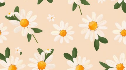 A seamless pattern of white daisies with yellow centers and green leaves in a flat illustration style