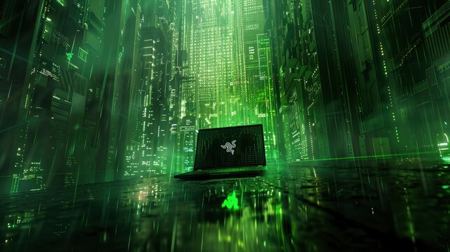 A Razer laptop with the logo on it, surrounded by green light beams and glowing data streams