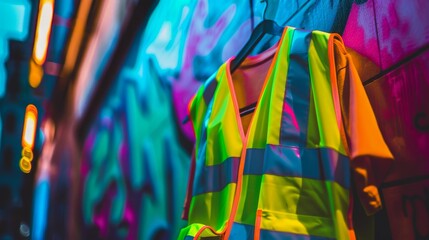 Vibrant neon safety vest hanging against a dynamic, colorful urban backdrop no dust - obrazy, fototapety, plakaty