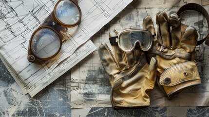 Vintage safety goggles and gloves laid out with old engineering blueprints low noise