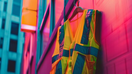 Vibrant neon safety vest hanging against a dynamic, colorful urban backdrop no dust