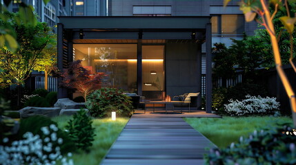 Modern garden with small terrace and outdoor lighting, in front