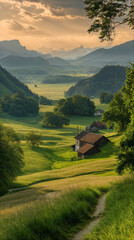 Sunrise over a picturesque green valley
