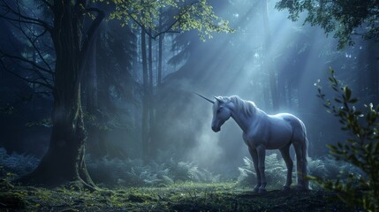 Obraz na płótnie Canvas The soft glow from a unicorns sparkling horn illuminates an enchanted forest, where mystical creatures gather in awe and reverence no splash