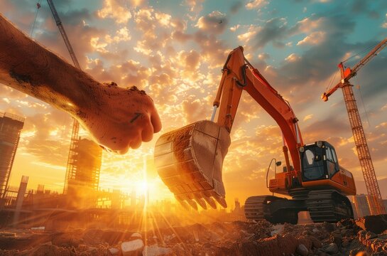 man's fist aligns with an excavator's bucket at a construction site.