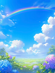 空に架かる虹と紫陽花の風景イラスト　Generative AI