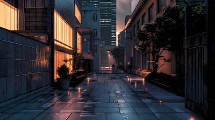 Fototapeta premium Street in the city, modern buildings on both sides of an empty a