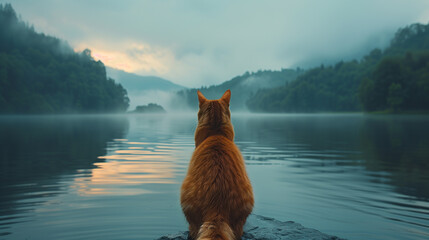 Cute cat admiring the view of the sun over a lake in gorgeous outdoor surroundings.