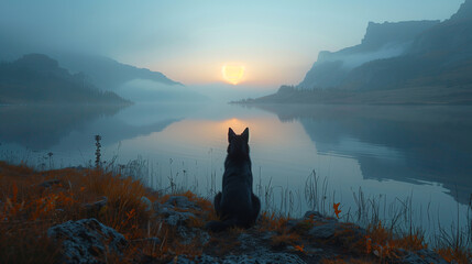 Cute dog admiring the view of the sun over a lake in gorgeous outdoor surroundings.