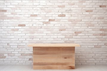 Wooden podium or empty product stand with brick wall. Design table stage for promoting product,...