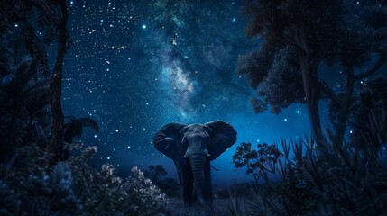 The night whispers secrets to the elephant under the starry sky, leaves rustling as if sharing tales of dreams untold hyper realistic - obrazy, fototapety, plakaty