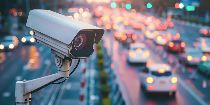 Traffic Monitoring Security Camera. A security camera overlooks a bustling city street at dusk, symbolizing urban surveillance and traffic control against a backdrop of glowing car lights.