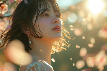 Fototapeta premium アジア人の女の子(日本人、春、美容、夏、ファッション、青春、学生、若い、紅葉、広告、写真、生成AI) Generative AI 