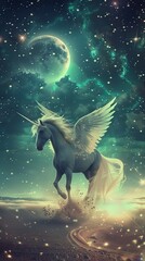 The Pegasus, a celestial navigator, flies toward the horizon where stars touch the earth, its starlit mane a beacon for the winds whispered secrets low noise