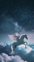 Fototapeta premium The Pegasus, a celestial navigator, flies toward the horizon where stars touch the earth, its starlit mane a beacon for the winds whispered secrets low noise