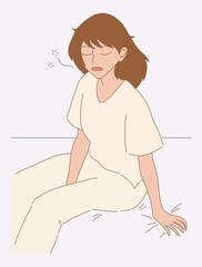 Sleepy girl in pajamas yawning, need more sleep. Young woman sitting on bed, awaking in morning after long deep sleep. Hand drawn flat cartoon character vector illustration.