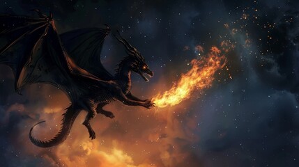 The night sky alights as a dragon, mythical in its majesty, breathes flame into the air, its scaled wings casting tales of magic across the lands low noise - obrazy, fototapety, plakaty