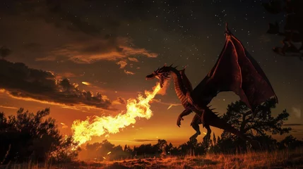 Foto op Plexiglas The night sky alights as a dragon, mythical in its majesty, breathes flame into the air, its scaled wings casting tales of magic across the lands low noise © kitidach