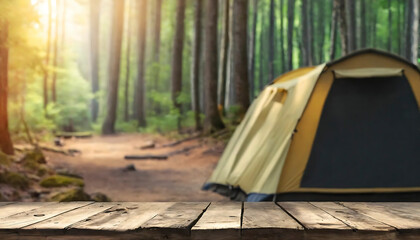 mockup. Wooden table top on blur tent camping travel tent at night.Drink and party concept. For montage product display or design key visual layout.View of empty copy space. mock up. template. mock-up