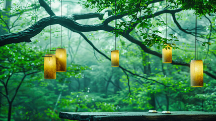Fototapeta premium Peaceful Garden Pathway Illuminated by Traditional Lanterns, Inviting a Serene Walk Through Japanese Nature and Culture