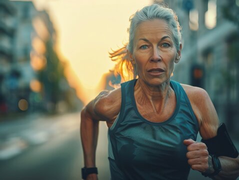 Older female athlete training for a marathon, determination and strength, showcasing endurance and womena  s wellness in sports 8K rendering