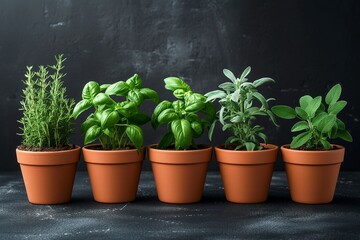  brown ceramic pots with seedlings of  Basil, Rosemary and Salvias - obrazy, fototapety, plakaty