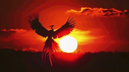 Obraz premium The fiery silhouette of a phoenix against the setting sun, its plumage alight with the colors of fire, a majestic symbol of eternal life and rebirth low texture