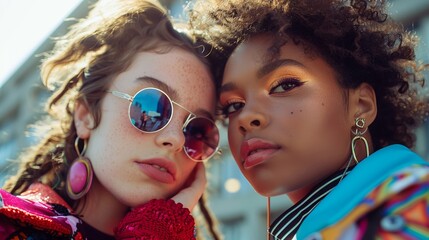 Street style photoshoot, Gen Z models in 90s inspired candycolored attire, urban setting, dynamic and youthful retro flair close-up