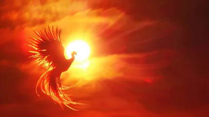 Fotobehang The fiery silhouette of a phoenix against the setting sun, its plumage alight with the colors of fire, a majestic symbol of eternal life and rebirth low texture © kitidach