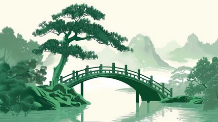 Fototapeta premium traditional village style art green bridge over river with green tree illustration poster background