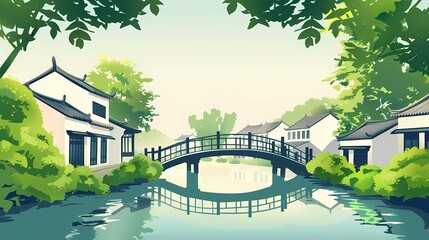 traditional village style art green bridge over river with green tree illustration poster background