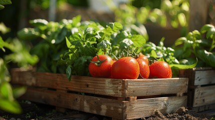 A rustic wooden crate filled with ripe red tomatoes and fresh basil in a garden,ai generated