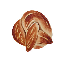 Watercolor baked bun. Sweet knot, sesame pretzel, crusty roll.