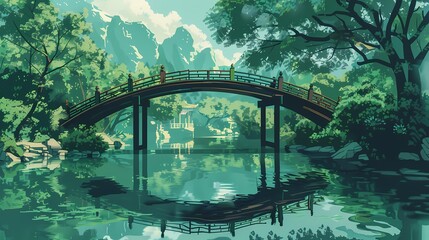 traditional village style art green bridge over river with green tree illustration poster background - obrazy, fototapety, plakaty