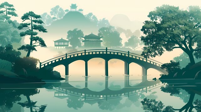 traditional village style art green bridge over river with green tree illustration poster background