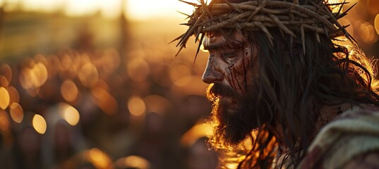 Jesus Crowned with Thorns, Amidst the Blurred Crowd in Golden Hour Scene