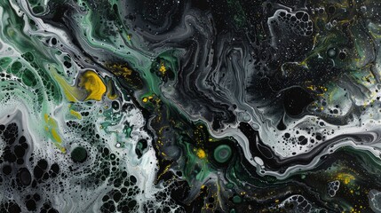 Abstract fluid art in black, white and grey with green and yellow accents. In the style of acrylic pouring over an iridescent surface - obrazy, fototapety, plakaty