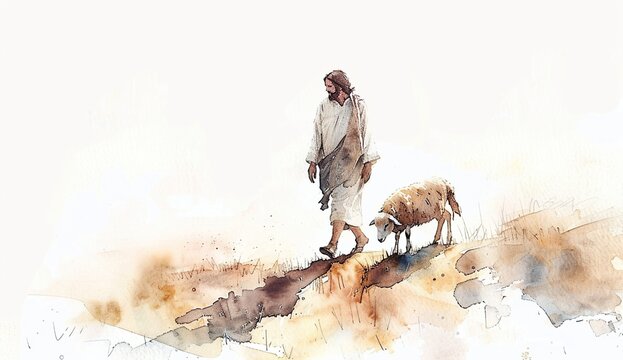 Spiritual watercolor painting of Jesus and a lamb