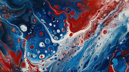 Abstract fluid art in red, white, and blue hues with swirling patterns and splashes of paint in the style of various artists