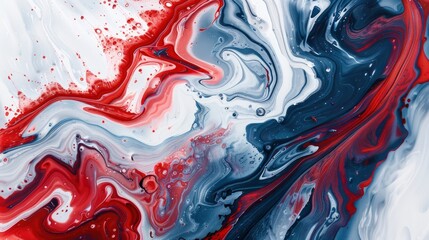Abstract fluid art in red, white, and blue hues with swirling patterns and splashes of paint in the style of various artists - obrazy, fototapety, plakaty