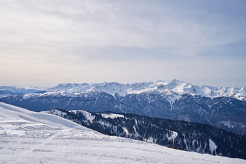 Fototapeta na wymiar Majestic horizon - view of mountain ridges under a pale sky.