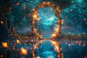 Create a mesmerizing scene of a magical mirror reflecting a fantasy world filled with vibrant colors and sparkling lights ,high resulution,clean sharp focus