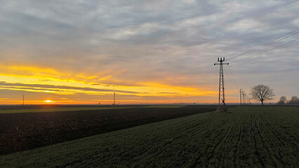 colorful sunset above the fields in Vojvodina