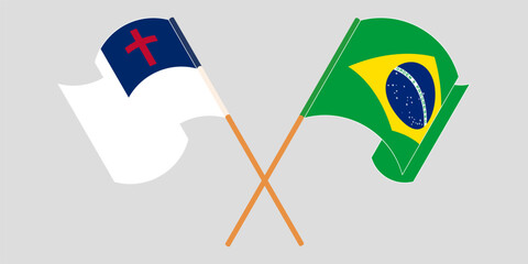 Crossed and waving flags of christianity and Brazil
