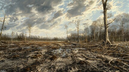 A deforested landscape with barren trees and eroded soil, depicting the consequences of deforestation and habitat loss. - obrazy, fototapety, plakaty